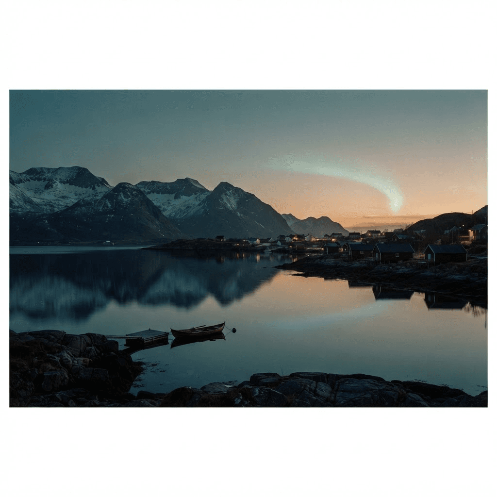 Stille norsk kystlandskap i skumringen med et anstrøk av nordlys