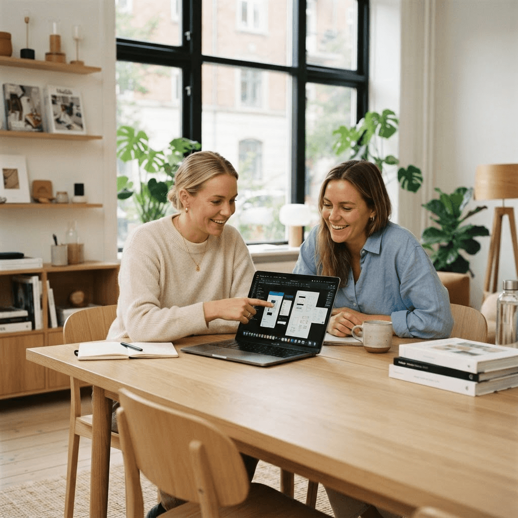 To rådgivere i Boreal Studio samarbeider foran en laptop i et lyst, moderne studio